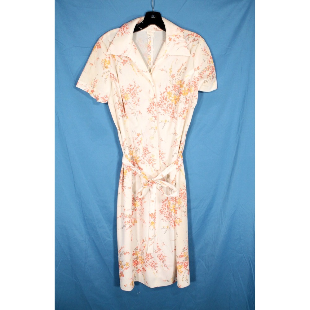 VINTAGE Poly Knit PINK ORANGE FLORAL 1/2 Button BELTED Sheath Dress 40"BUST 16.5
